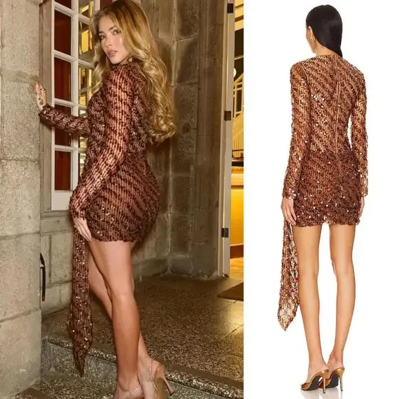 Camila Coelho | Cataleya Sequin Mini Dress in Caramel Brown size S NWT - Picture 3 of 14
